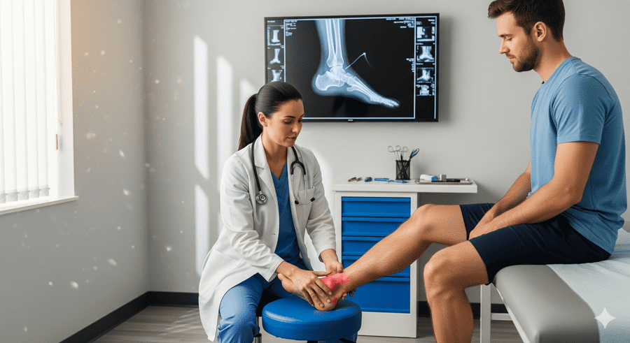 doctor diagnosing a person with a foot and ankle injury