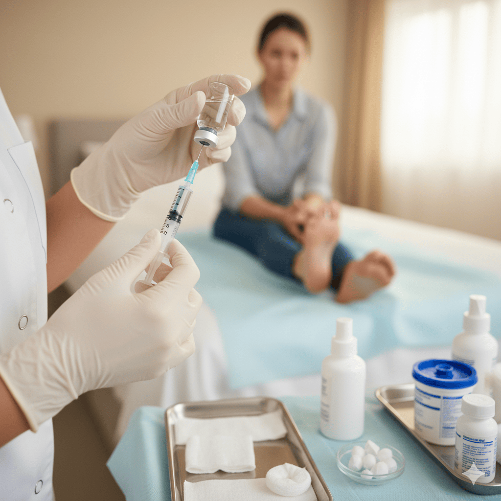 A specialist preparing a therapeutic injection for a patient's foot.