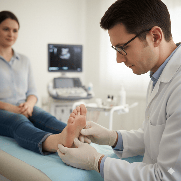 A doctor checking patient's foot having issue therapeutic injection