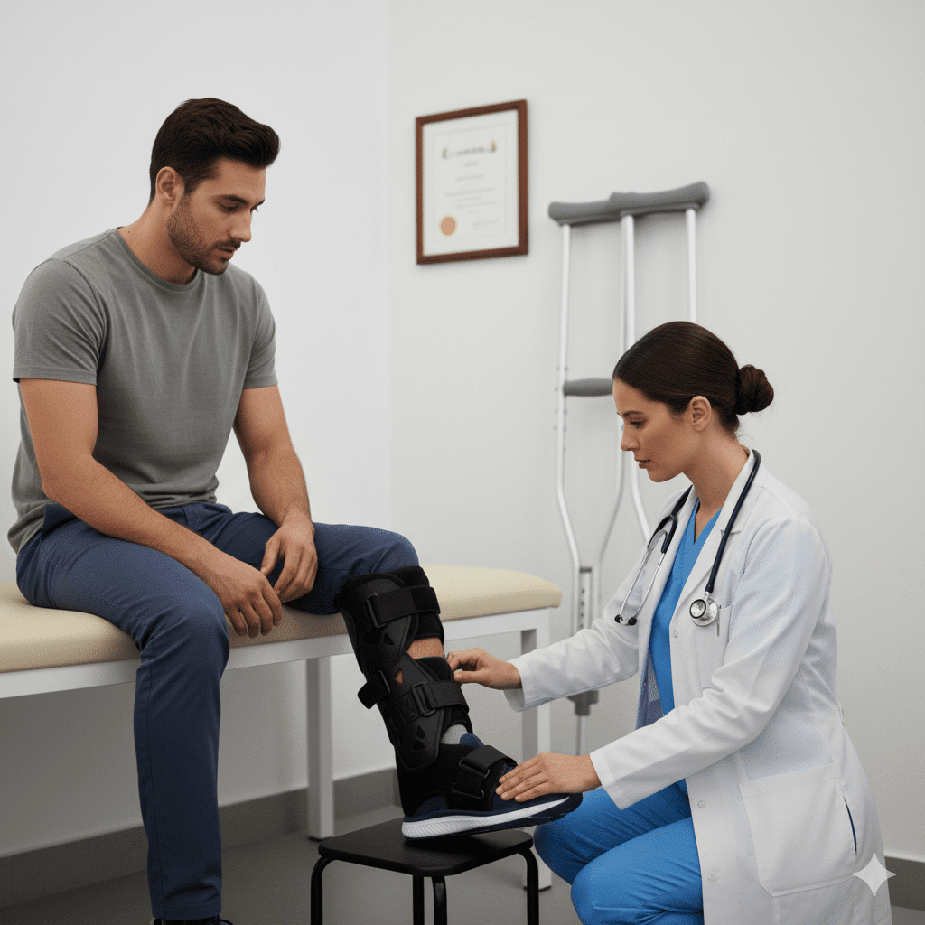 doctor checking a patient with bracing on their foot