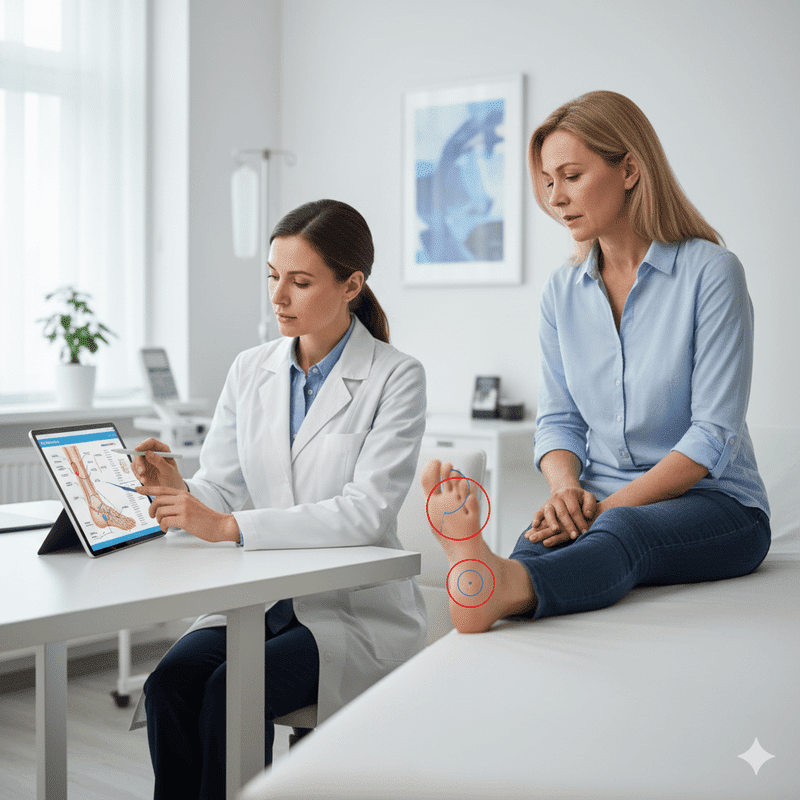 Professional medical blog illustration showing a doctor and a patient discussing bunions and hammertoes