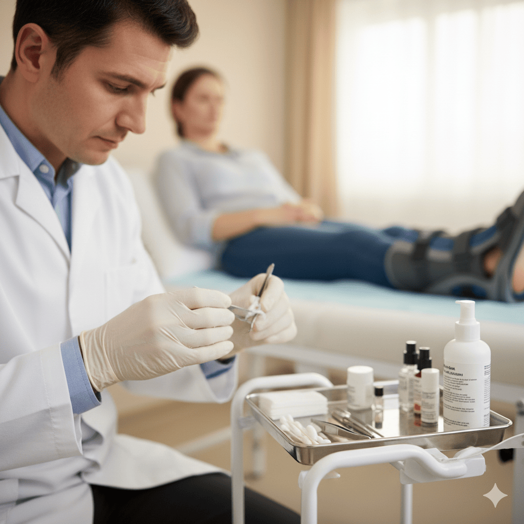 foot doctor treating a patient with foot wound