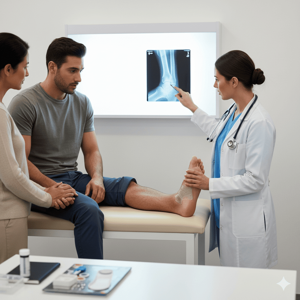 image of a doctor examining a patient with a broken foot bone