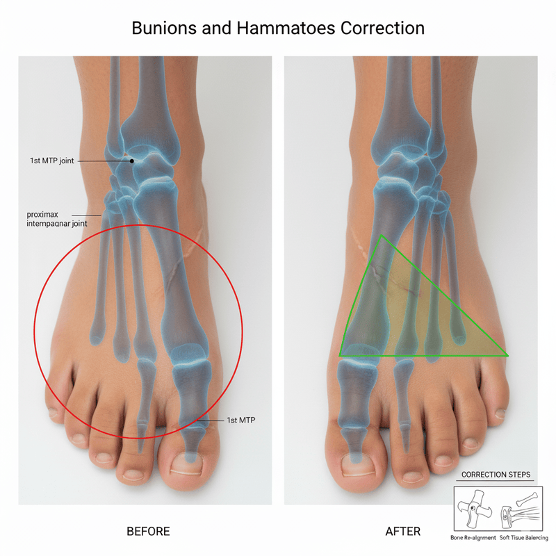 side by side image comparison of Bunions and Hammertoes Correction
