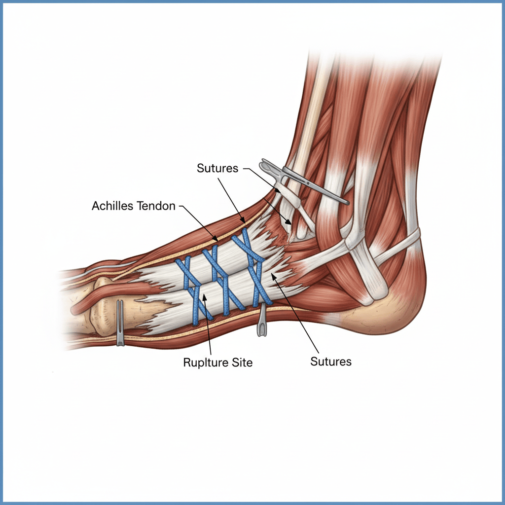 An illustration showing the surgical repair of a ruptured Achilles tendon with sutures.