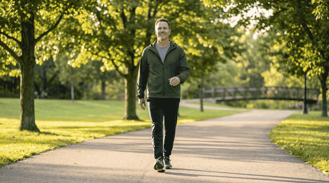 Active adult walking confidently on a sunny outdoor path during hip labral tear recovery