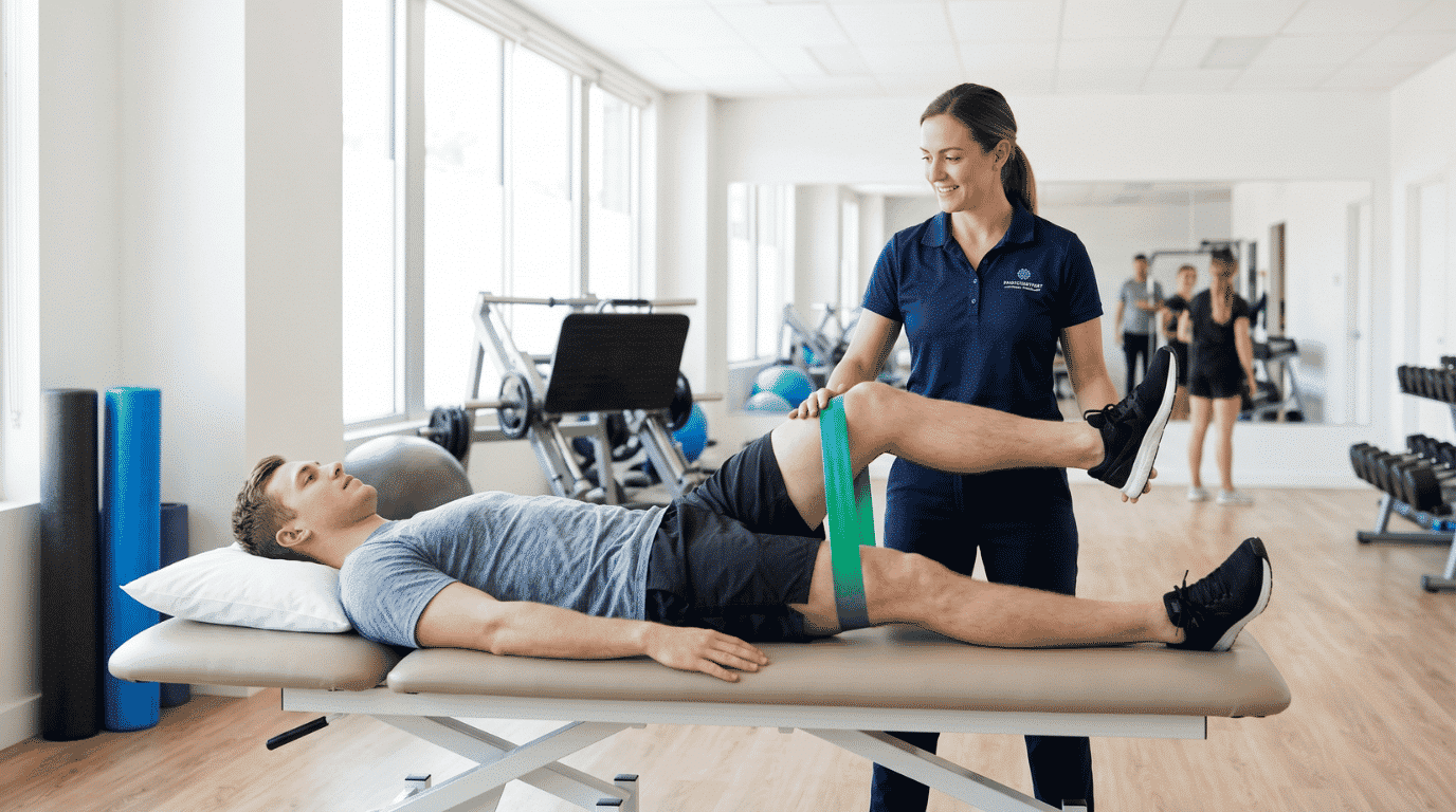 Physical therapist guiding a patient through hip strengthening exercises in a modern rehabilitation clinic