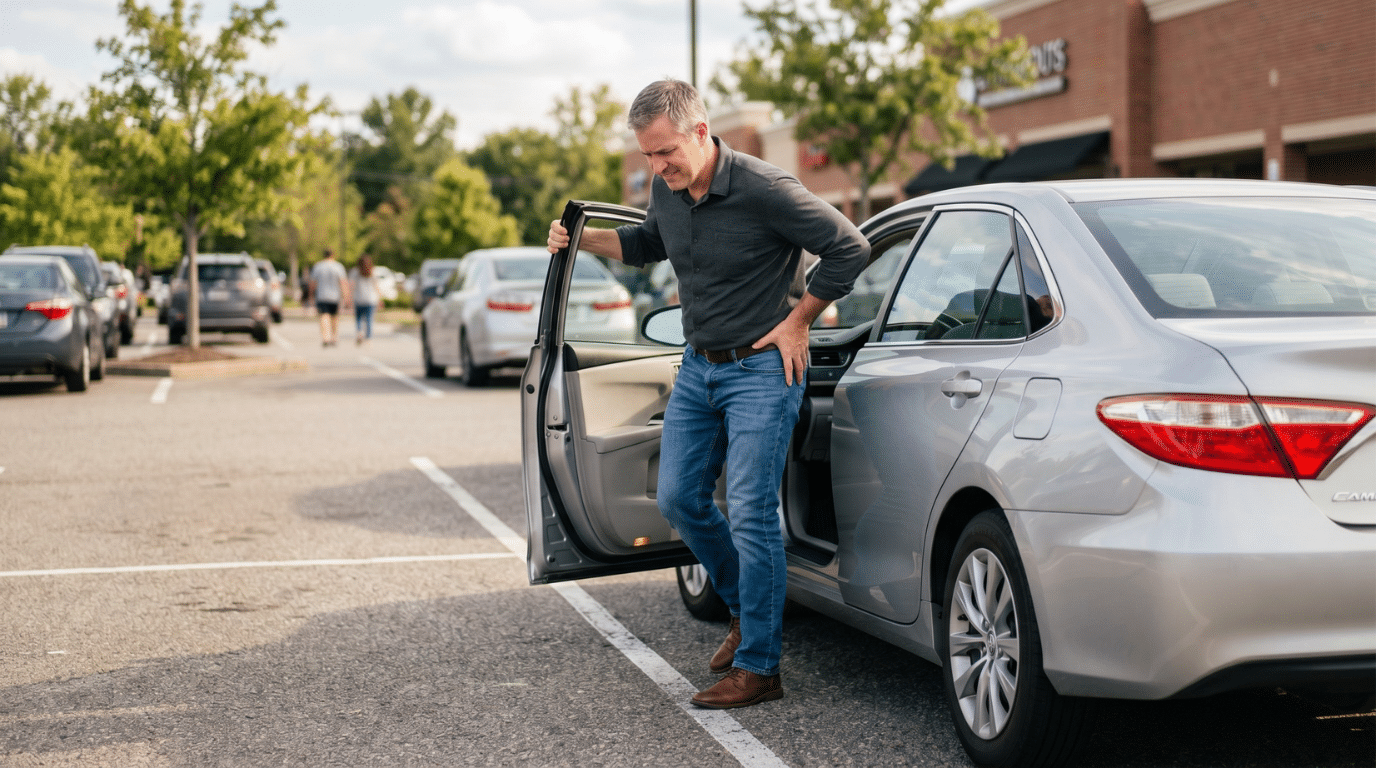 Active adult holding their hip in discomfort while getting out of a car, a common hip labral tear symptom trigger